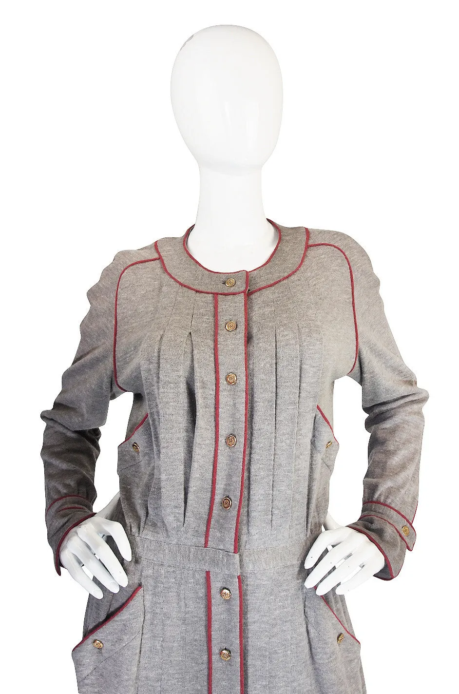 1980s Soft Grey Wool Chanel Button Front Day Dress
