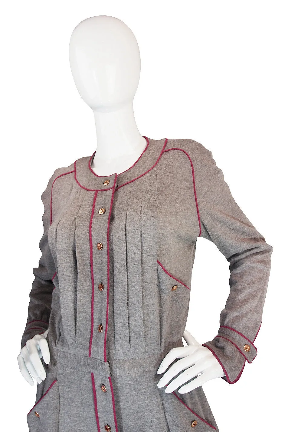 1980s Soft Grey Wool Chanel Button Front Day Dress