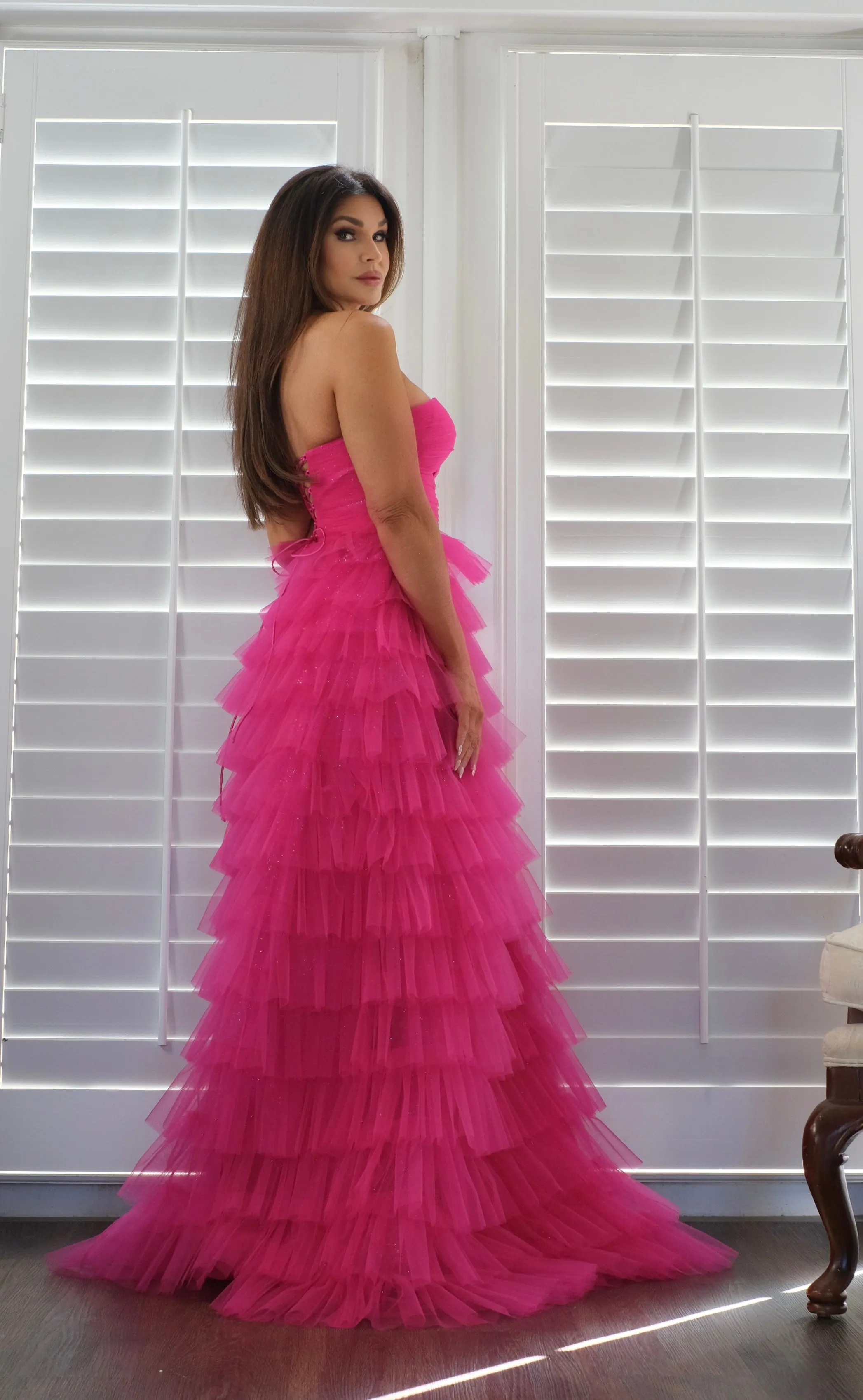 Adaline fucsia layered tulle tiered formal with slit