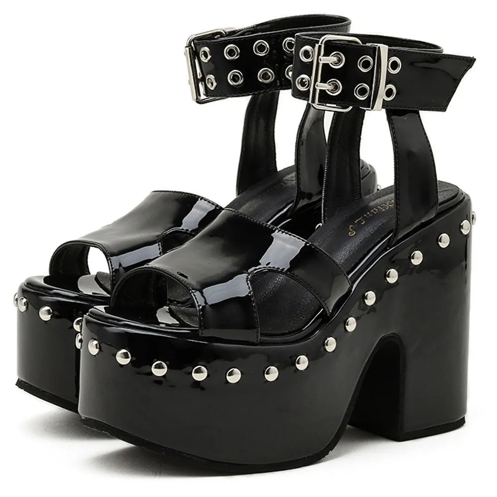 Block-heel Platform Patent Leather Rivet Fish Mouth Sandals