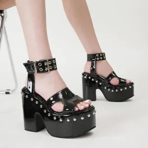 Block-heel Platform Patent Leather Rivet Fish Mouth Sandals