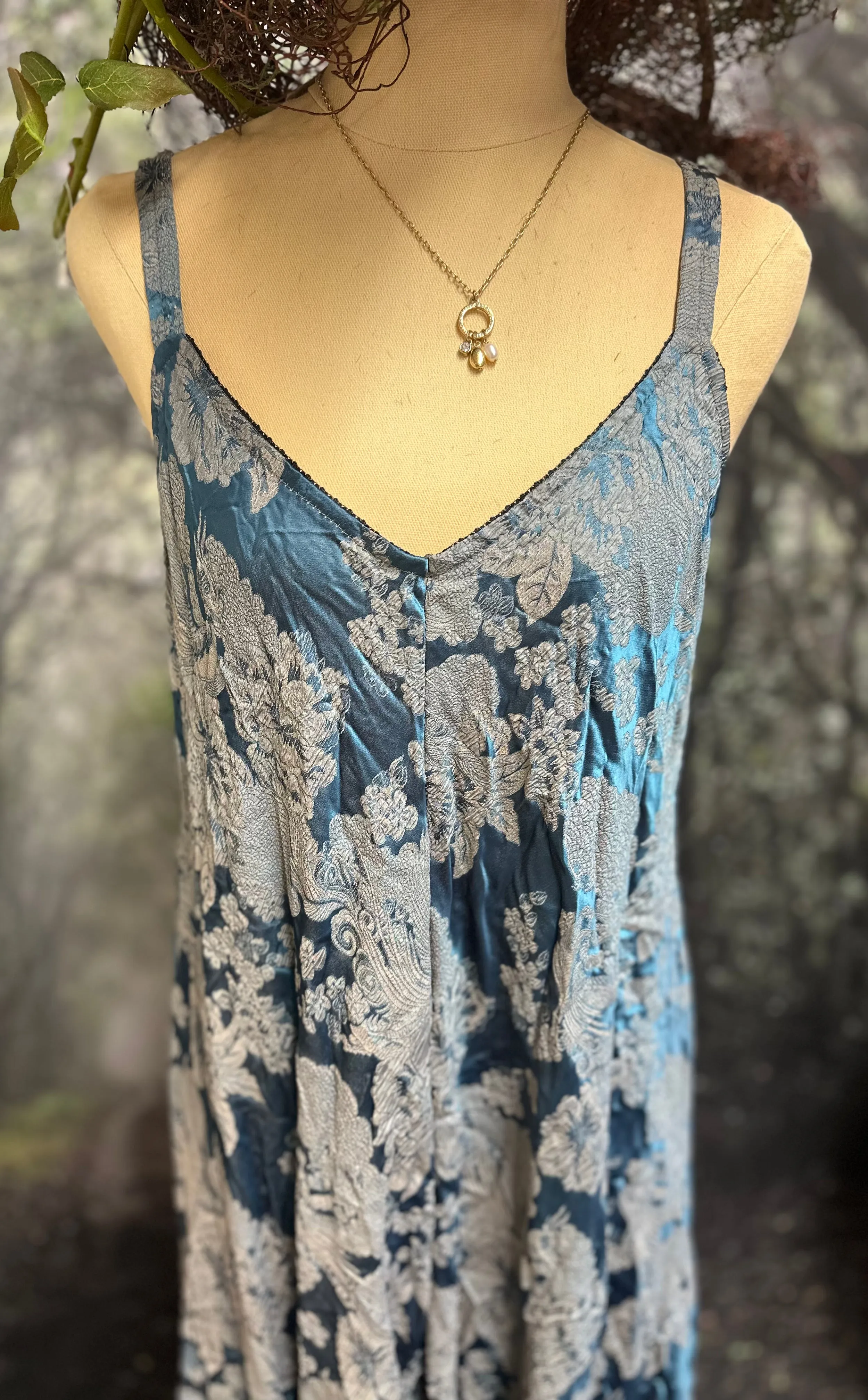 Blue embossed satin rayon slip dress