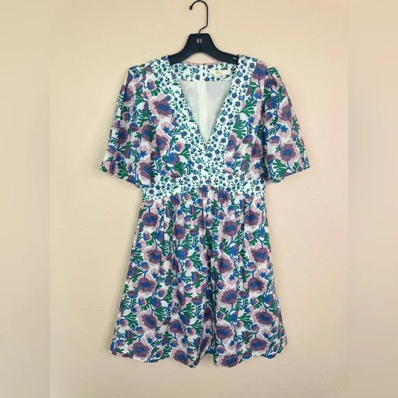 Boden V-Neck Contrast Detail Dress Multi Terrace Bud Floral Boho Dress size 4R