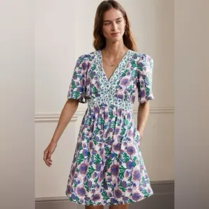 Boden V-Neck Contrast Detail Dress Multi Terrace Bud Floral Boho Dress size 4R