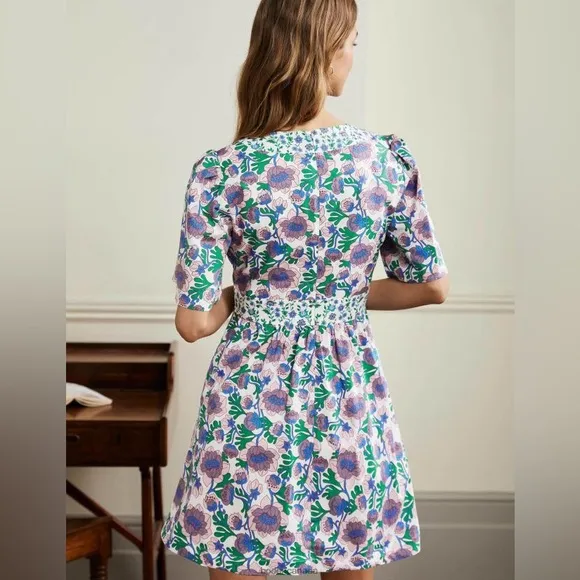 Boden V-Neck Contrast Detail Dress Multi Terrace Bud Floral Boho Dress size 4R