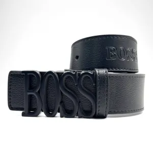 BOSS Men’s Black Leather Belt with Signature Logo Buckle