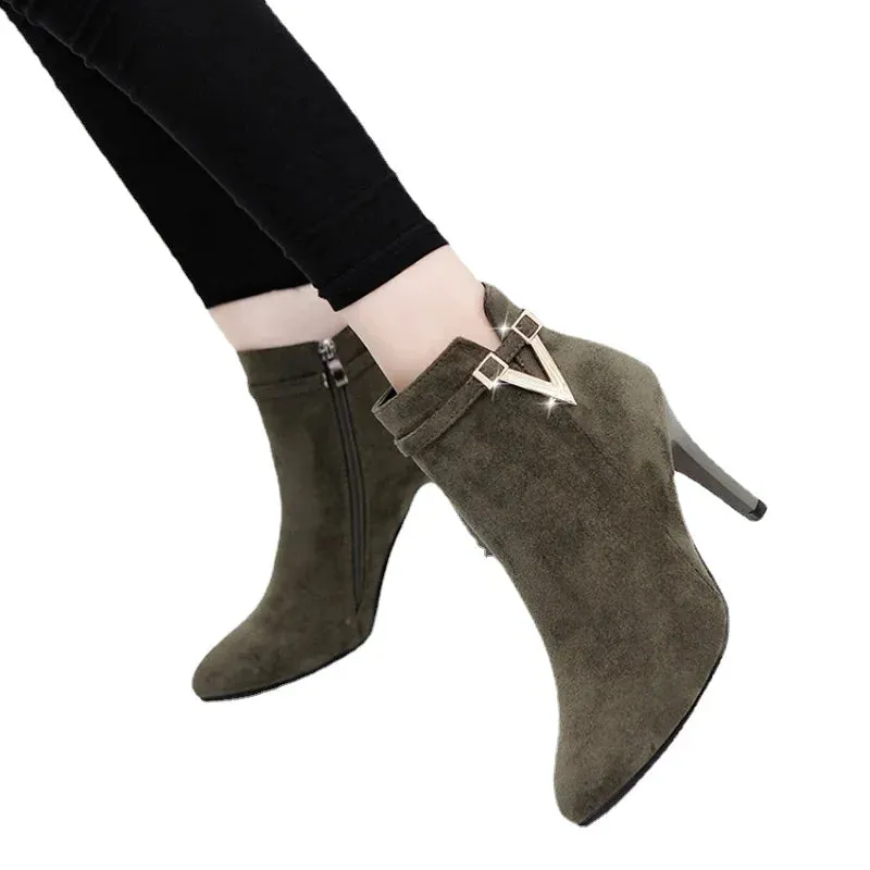 Botas Mujer Invierno  Autumn Stiletto Thin High Heels Woman Pointed Toe Pu Leather Zipper Sexy Ankle Women Boot Botines Chelsea8