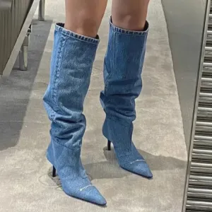 Cowboy Knee High Chelsea Boots Autumn Winter Pointed Toe Women Stilettos Shoes Gladiator Motorcycle