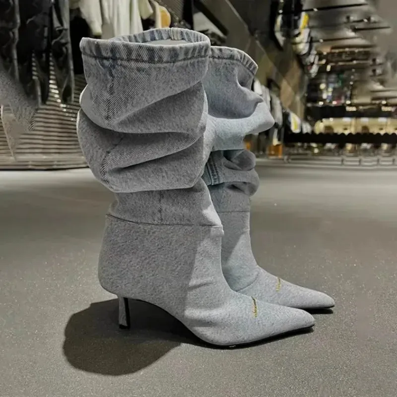 Cowboy Knee High Chelsea Boots Autumn Winter Pointed Toe Women Stilettos Shoes Gladiator Motorcycle