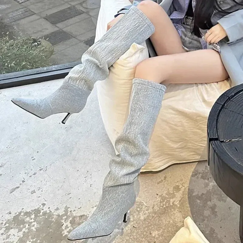 Cowboy Knee High Chelsea Boots Autumn Winter Pointed Toe Women Stilettos Shoes Gladiator Motorcycle