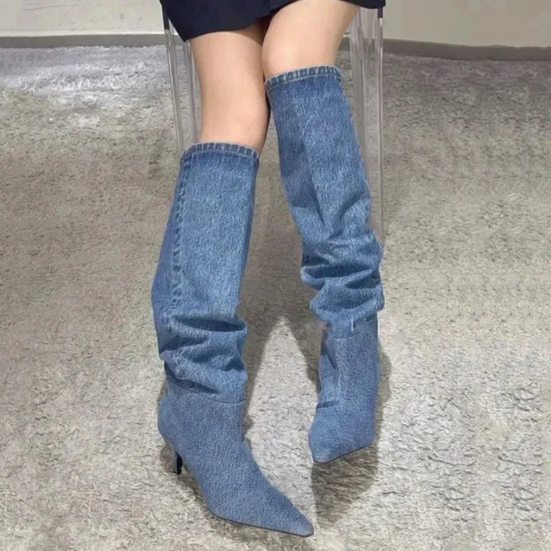 Cowboy Knee High Chelsea Boots Autumn Winter Pointed Toe Women Stilettos Shoes Gladiator Motorcycle