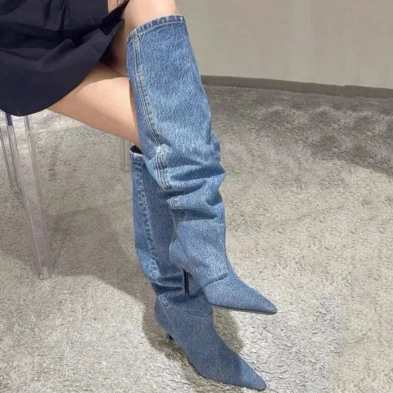 Cowboy Knee High Chelsea Boots Autumn Winter Pointed Toe Women Stilettos Shoes Gladiator Motorcycle