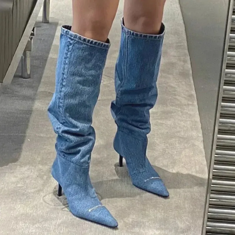 Cowboy Knee High Chelsea Boots Autumn Winter Pointed Toe Women Stilettos Shoes Gladiator Motorcycle