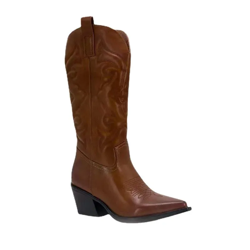 Cowboy Western Boots Shiny Metallic Women Embroidery Knee High Stiletto Pointed Toe Pink Shoes
