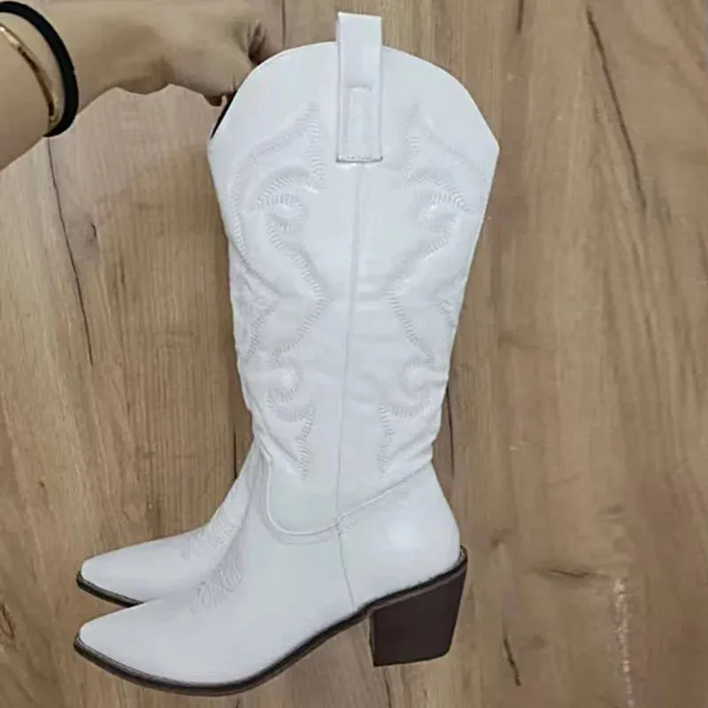 Cowboy Western Boots Shiny Metallic Women Embroidery Knee High Stiletto Pointed Toe Pink Shoes
