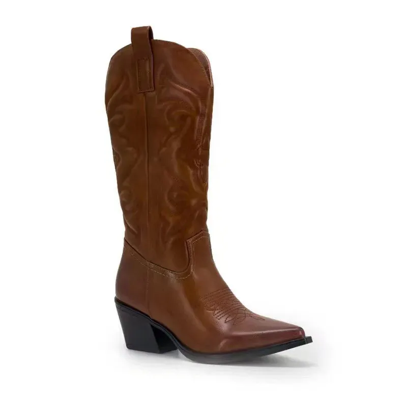 Cowboy Western Boots Shiny Metallic Women Embroidery Knee High Stiletto Pointed Toe Pink Shoes