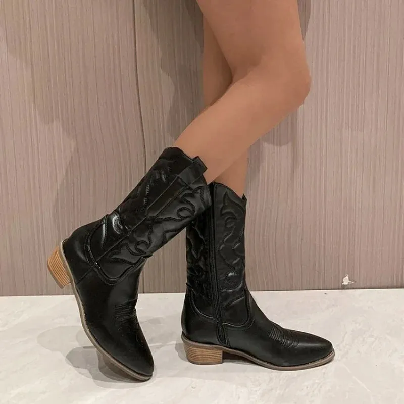 Cowboy Western Boots Shiny Metallic Women Embroidery Knee High Stiletto Pointed Toe Pink Shoes