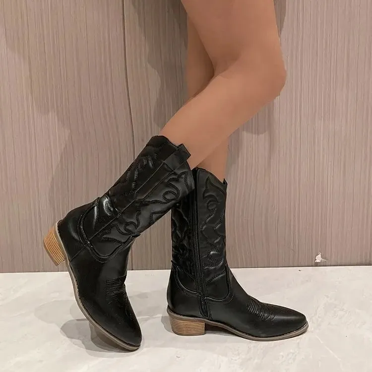 Cowboy Western Boots Shiny Metallic Women Embroidery Knee High Stiletto Pointed Toe Pink Shoes