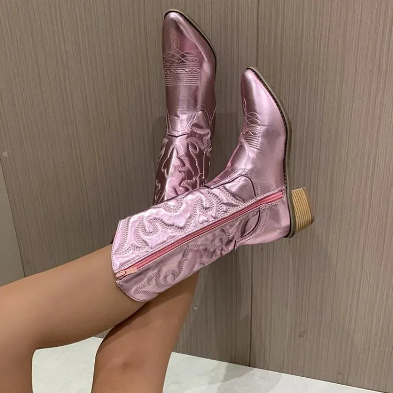 Cowboy Western Boots Shiny Metallic Women Embroidery Knee High Stiletto Pointed Toe Pink Shoes