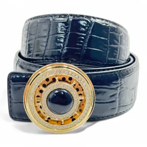 Crocodile-Embossed Black Leather Belt with Gold and Black Gemstone Buckle