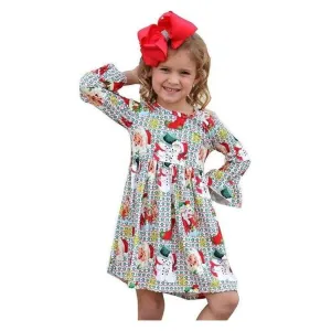 CUTE MULTI COLOR SANTS PRINTED DRESS