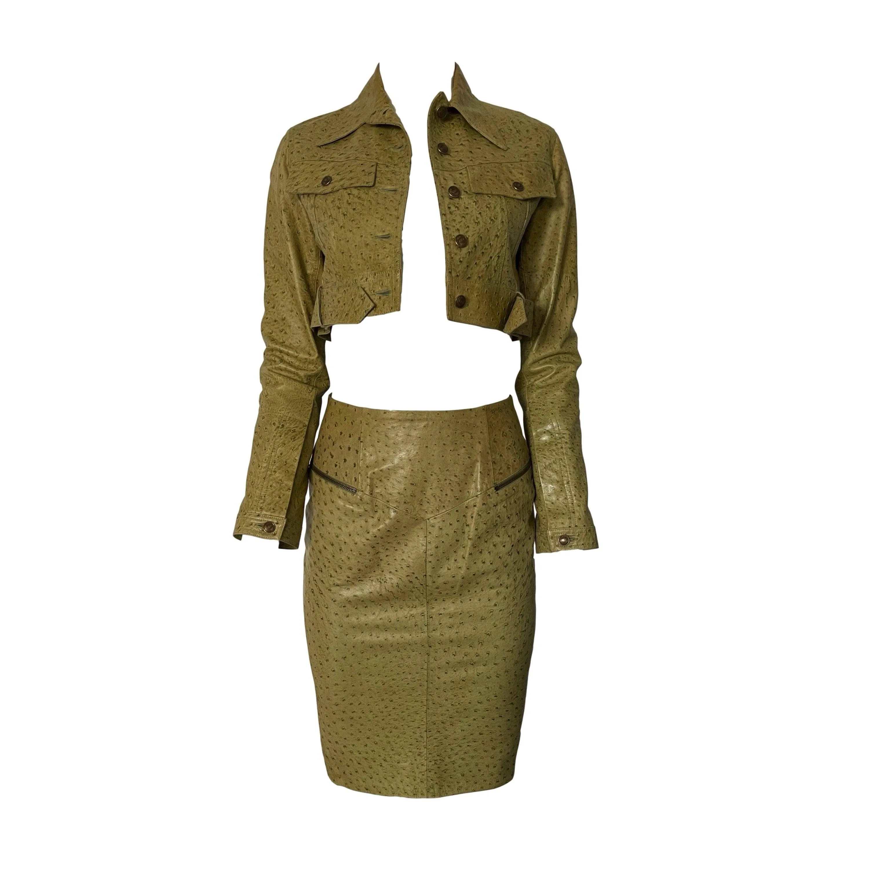 Dior Green Leather Cropped Skirt Set
