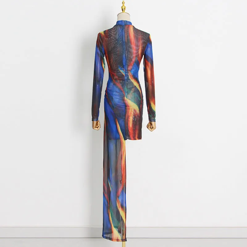 Elegant Long Sleeve Short Mop Tie Dyed Party Dress