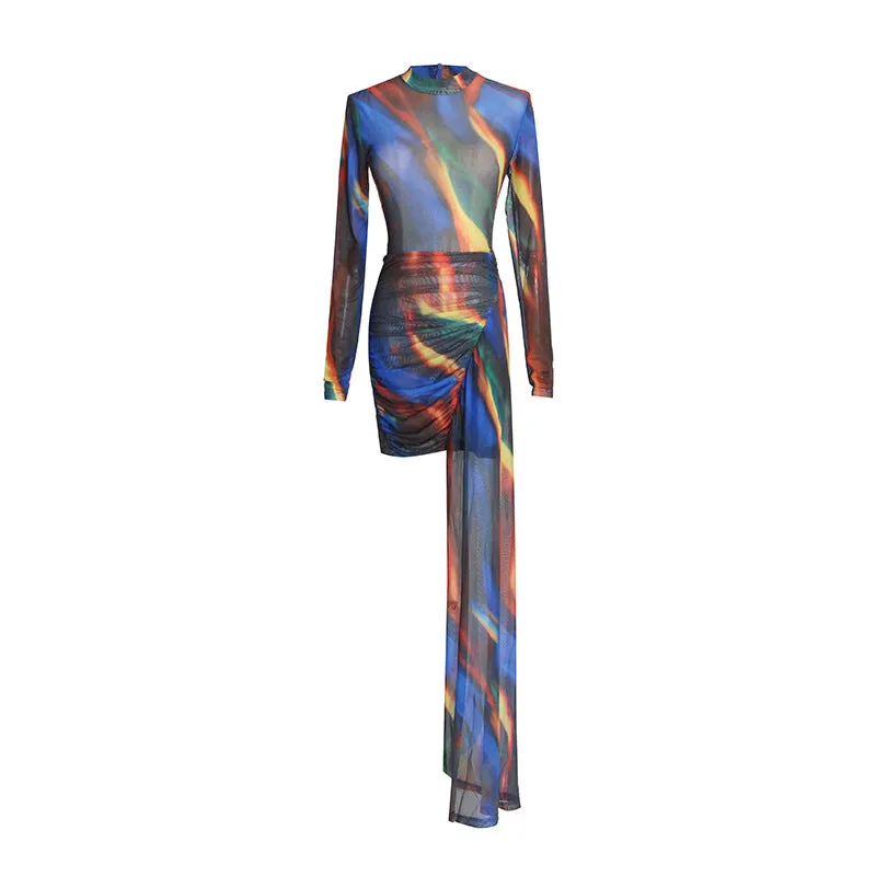 Elegant Long Sleeve Short Mop Tie Dyed Party Dress