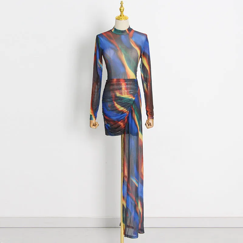 Elegant Long Sleeve Short Mop Tie Dyed Party Dress
