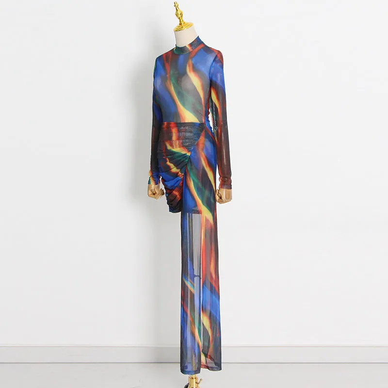 Elegant Long Sleeve Short Mop Tie Dyed Party Dress