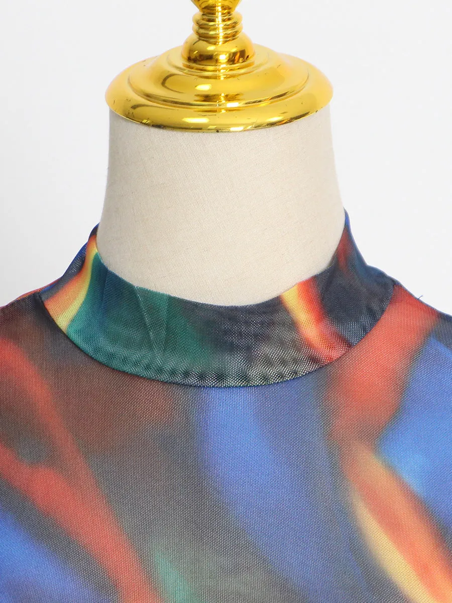 Elegant Long Sleeve Short Mop Tie Dyed Party Dress