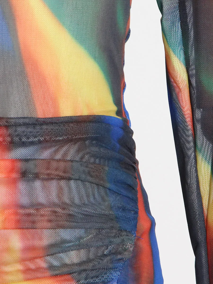 Elegant Long Sleeve Short Mop Tie Dyed Party Dress