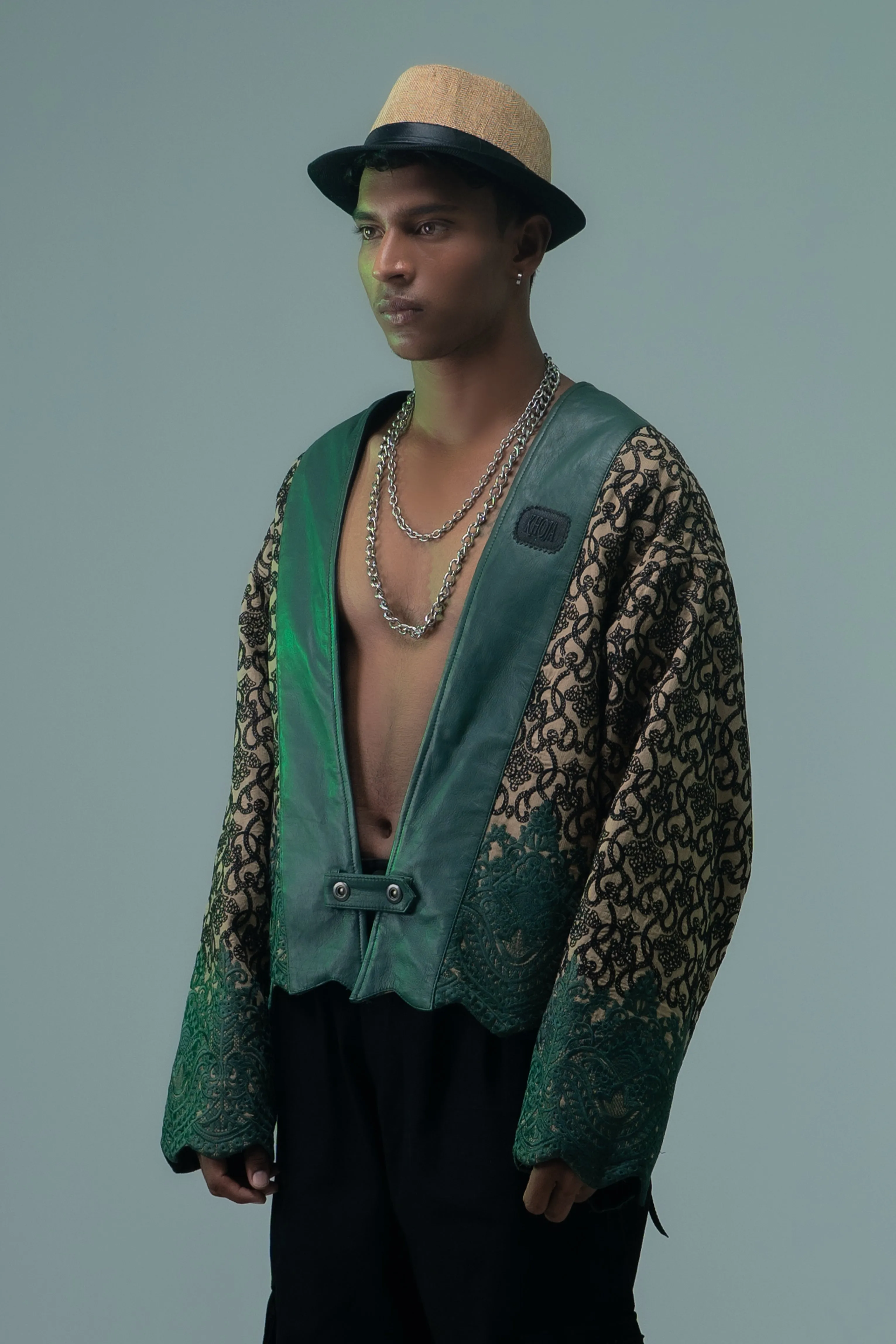 EMERALD THREADS LEATHER KIMONO