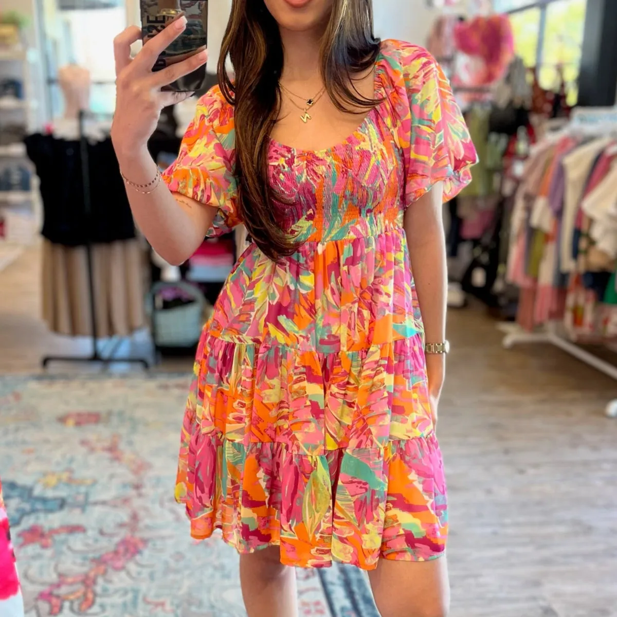 Etta Multi Color Print Smocked Mini Dress