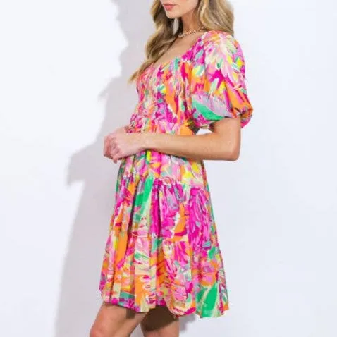 Etta Multi Color Print Smocked Mini Dress