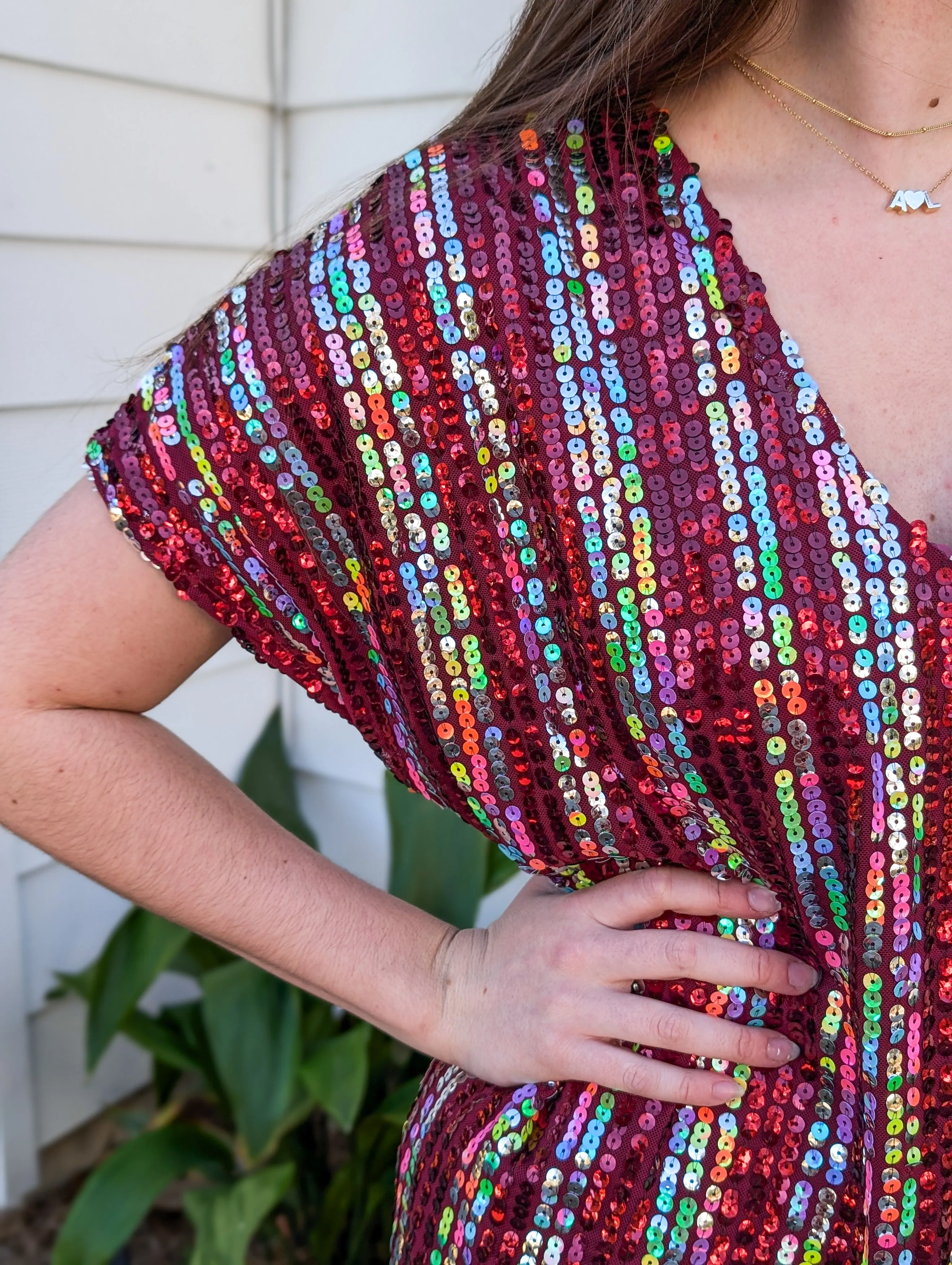 *Final Sale* Woven Polyester Spandex Sequin V-Neck Mini Dress