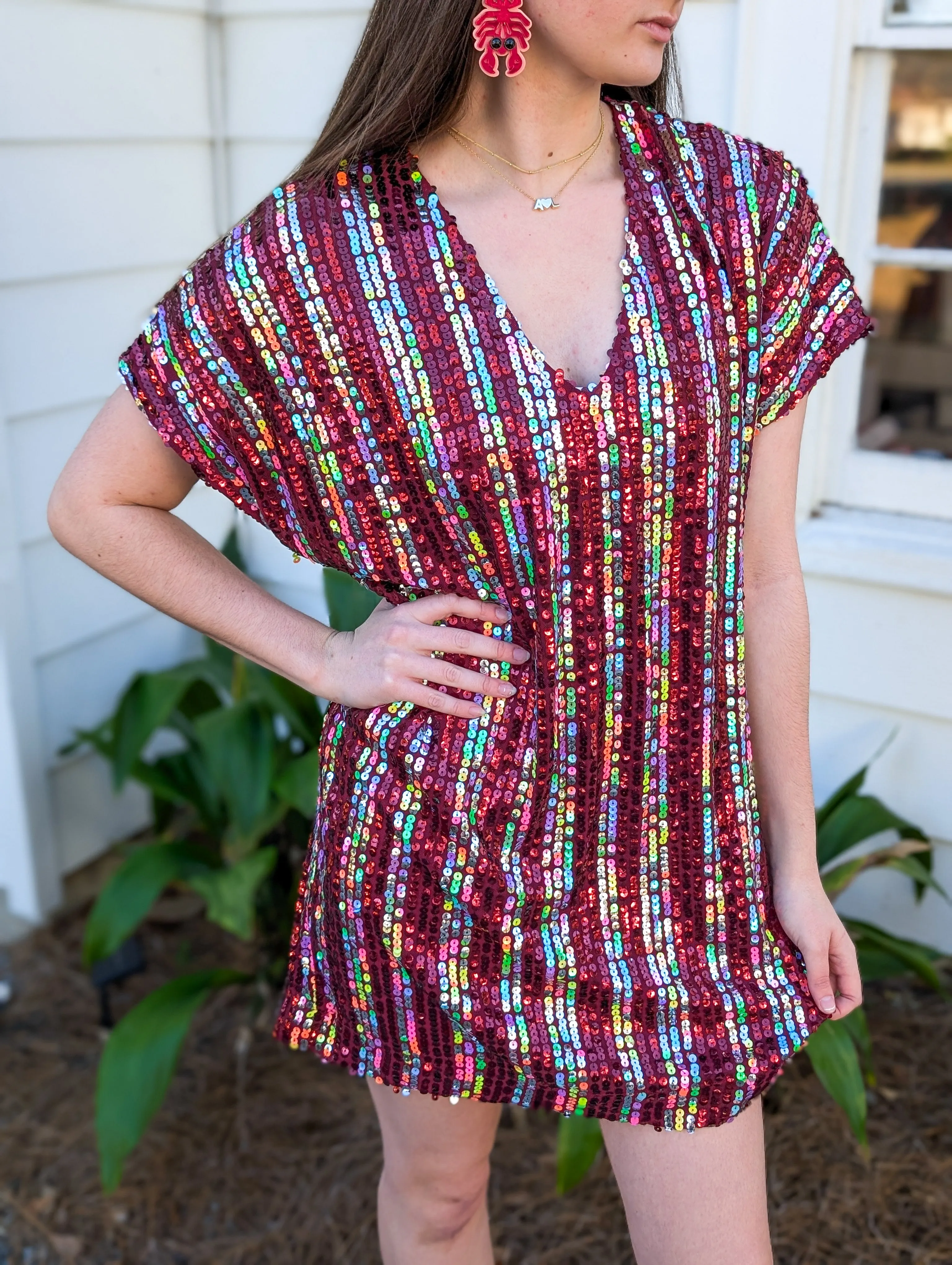 *Final Sale* Woven Polyester Spandex Sequin V-Neck Mini Dress