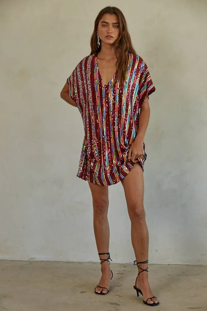 *Final Sale* Woven Polyester Spandex Sequin V-Neck Mini Dress