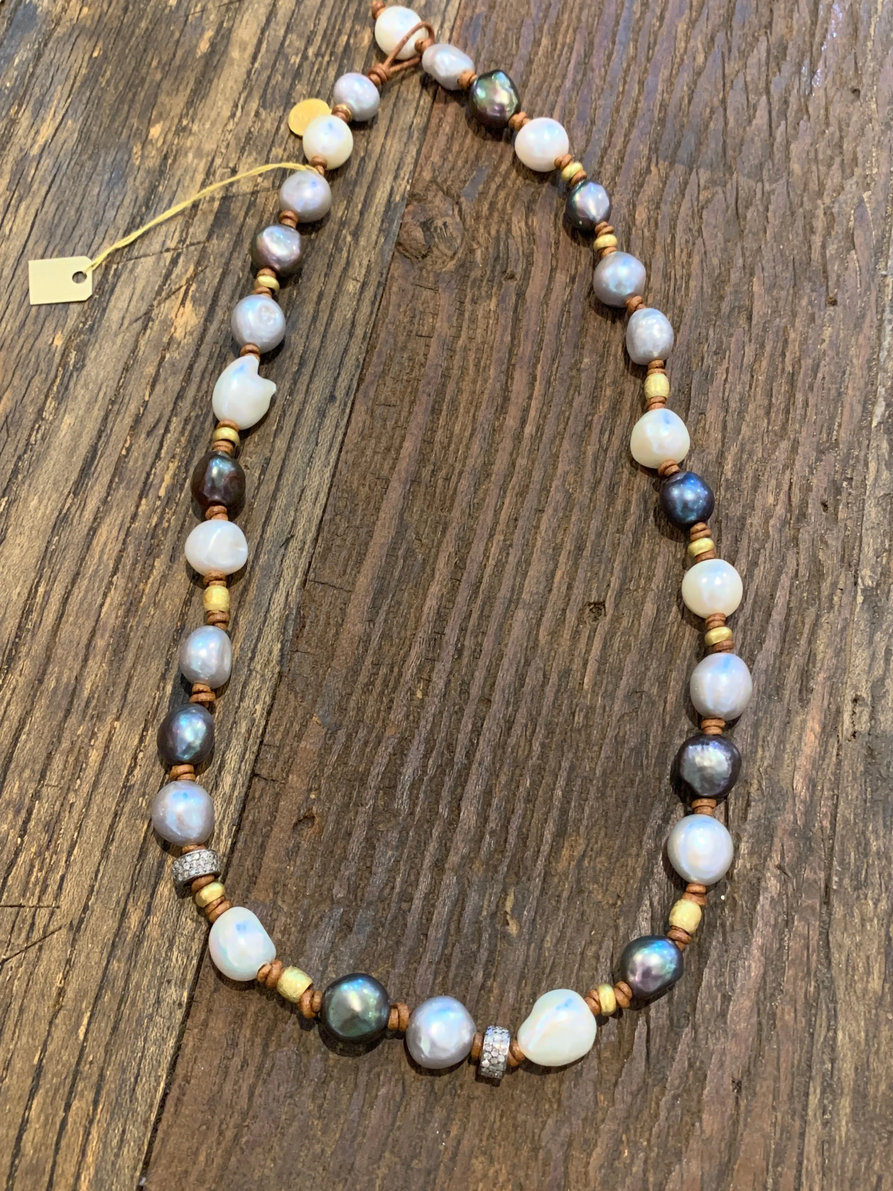 Freshwater Pearl Multi Color Mid-Length Necklace w/ 18K Gold & Diamond | 21”