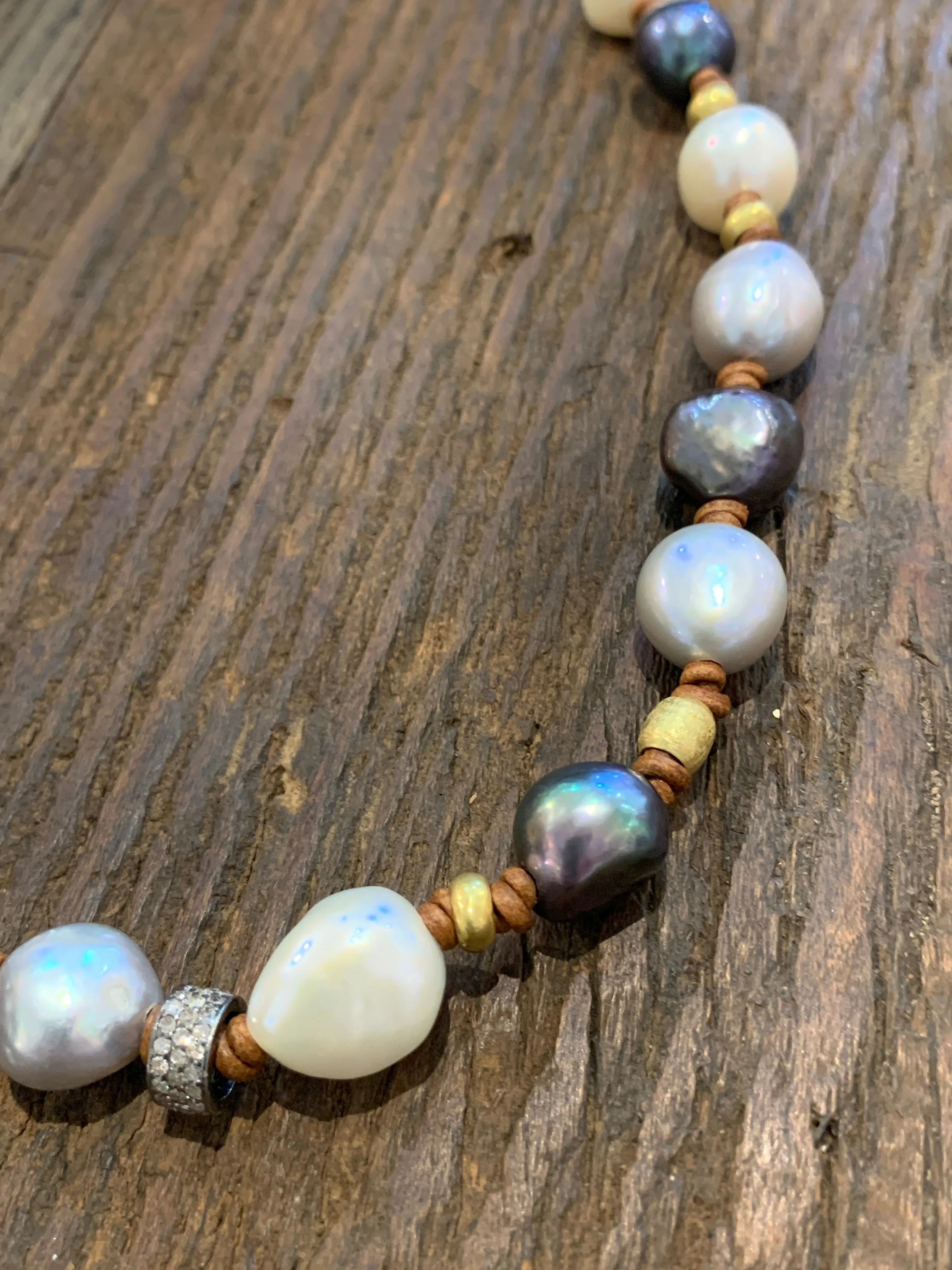 Freshwater Pearl Multi Color Mid-Length Necklace w/ 18K Gold & Diamond | 21”