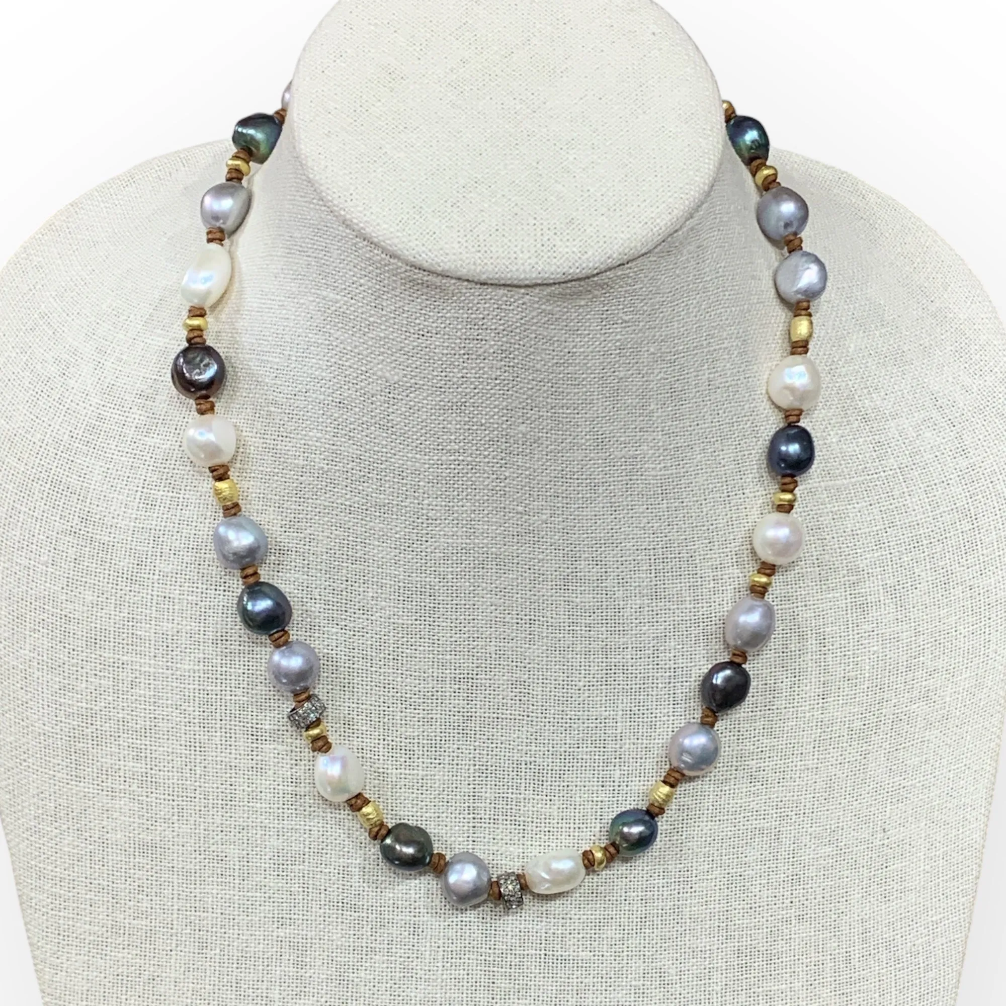 Freshwater Pearl Multi Color Mid-Length Necklace w/ 18K Gold & Diamond | 21”