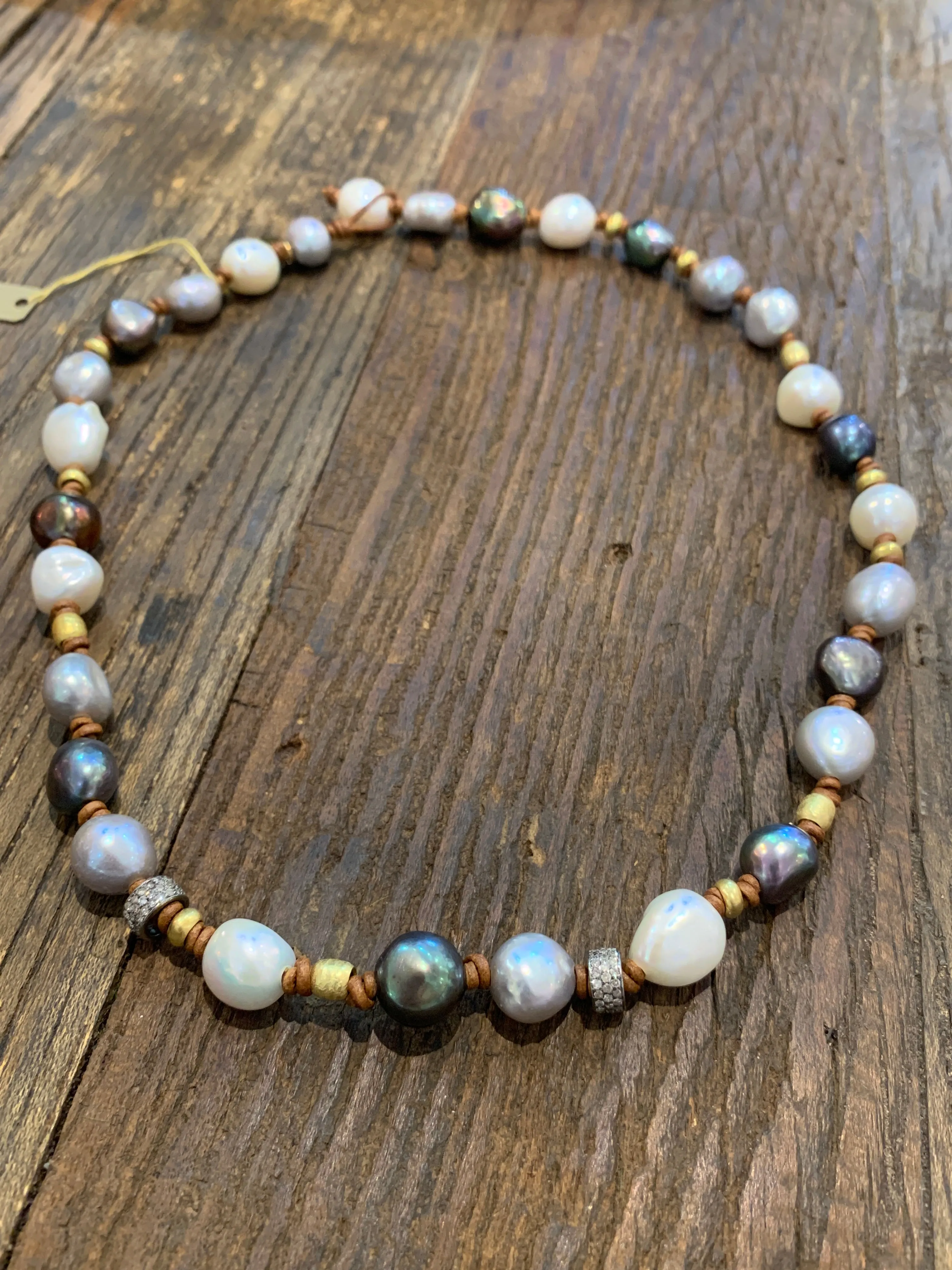 Freshwater Pearl Multi Color Mid-Length Necklace w/ 18K Gold & Diamond | 21”