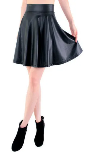high waist faux leather skater flare skirt mini skirt above knee solid color skirt S/M/L/XL