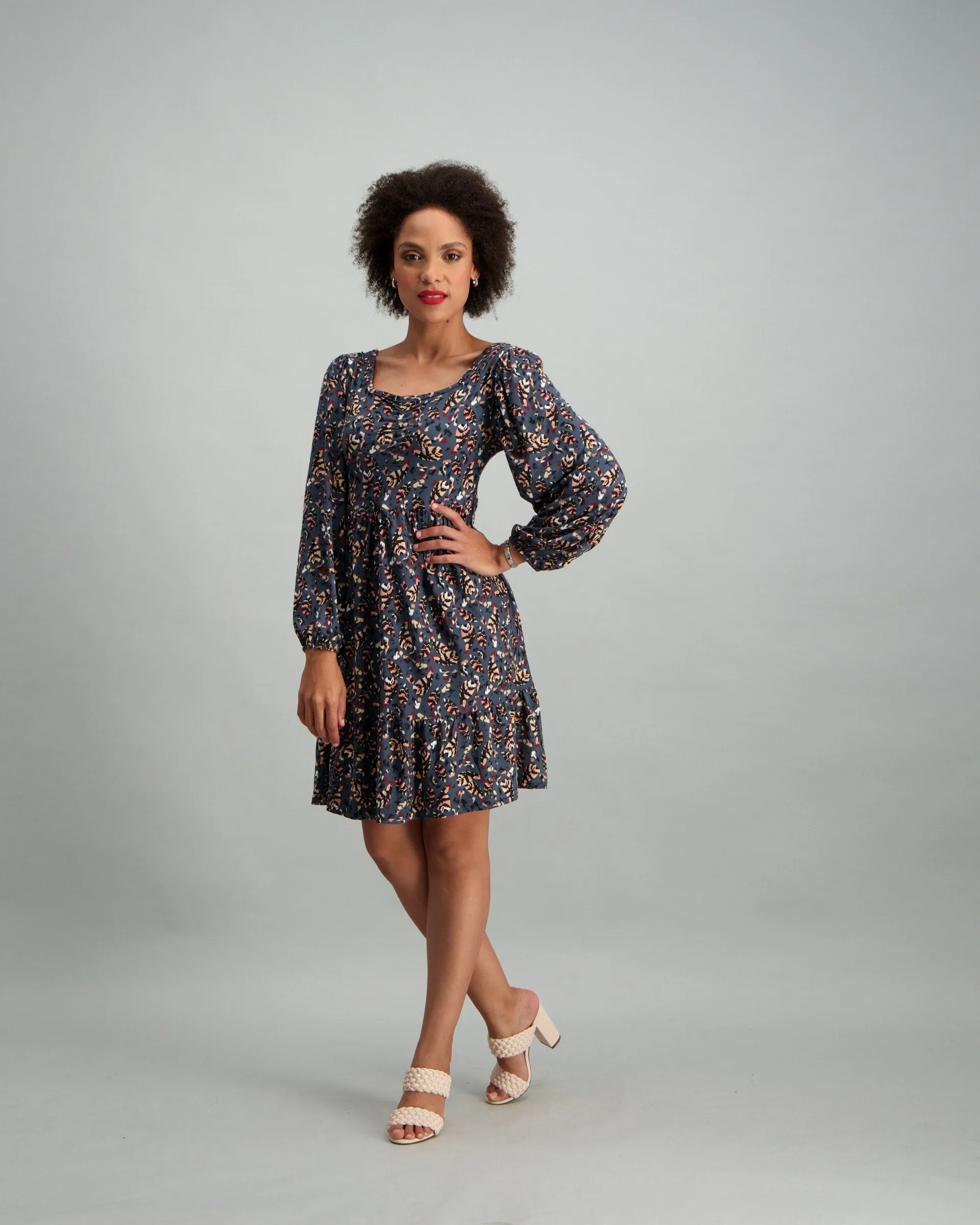 Ladies Puff Sleeve Tiered Hem Dress