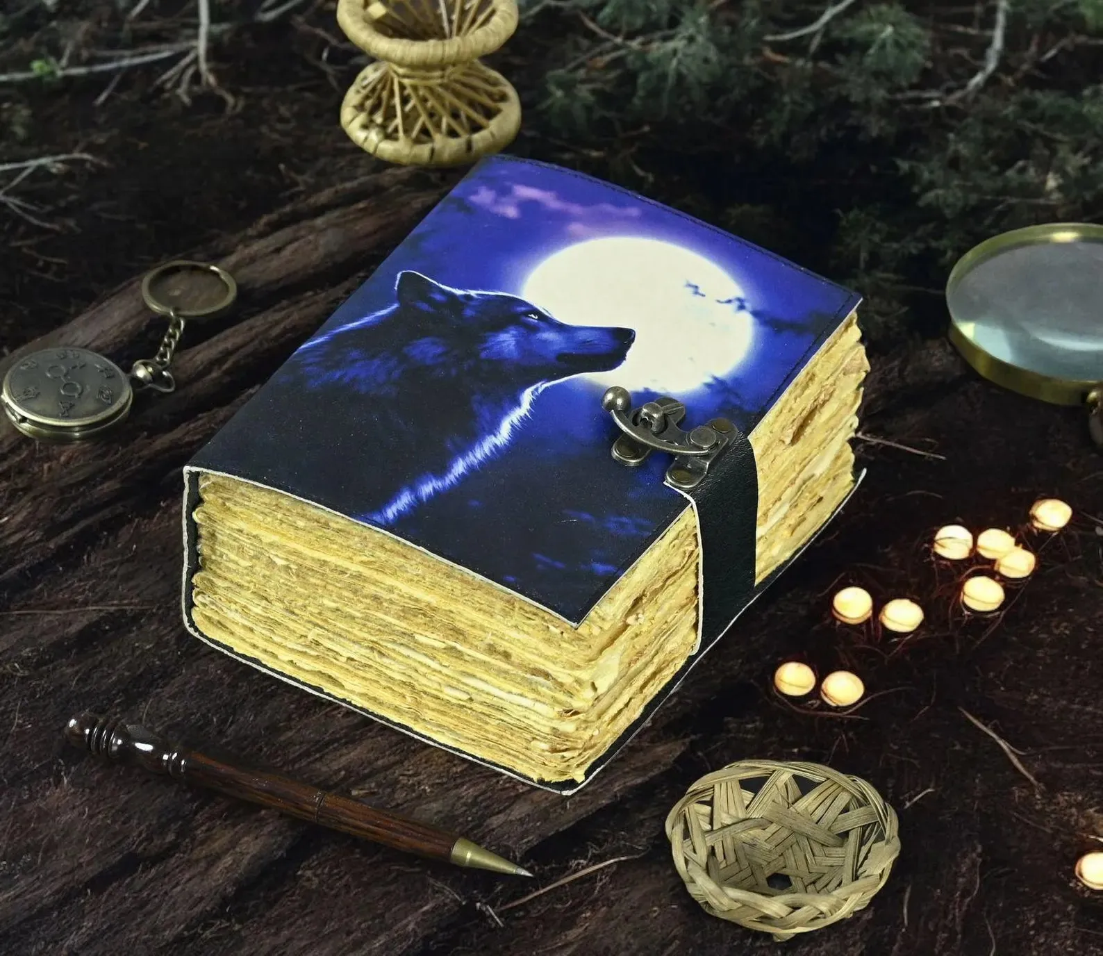 Large Wolf Vintage Leather Journal Grimoire Journal