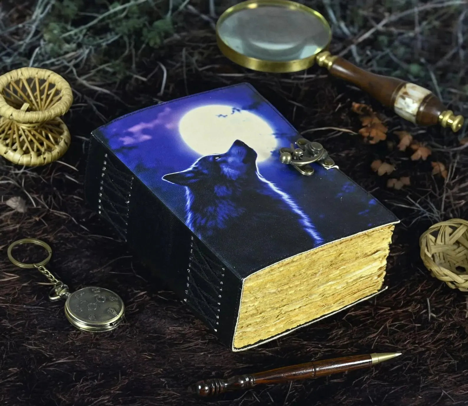 Large Wolf Vintage Leather Journal Grimoire Journal