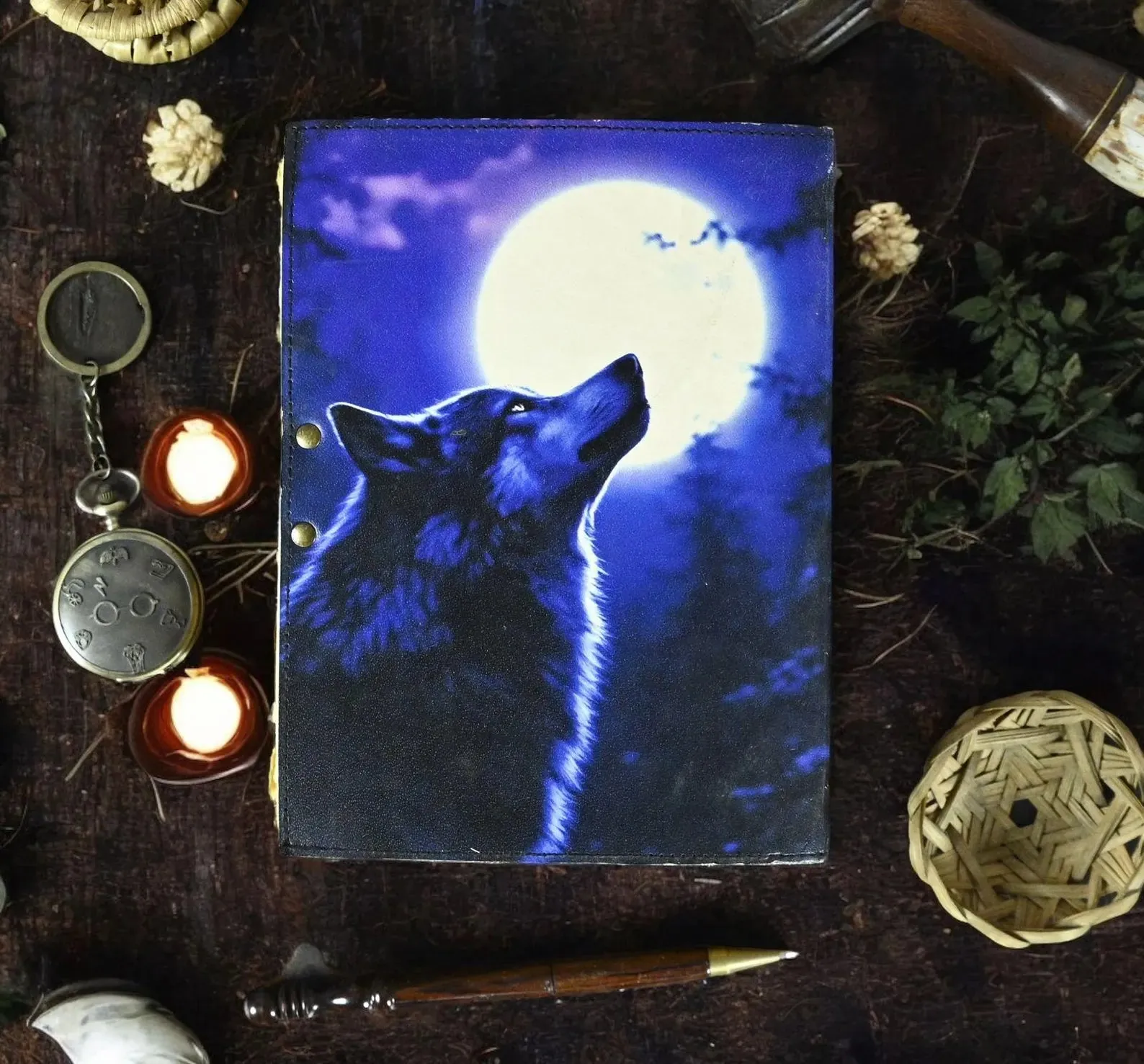 Large Wolf Vintage Leather Journal Grimoire Journal