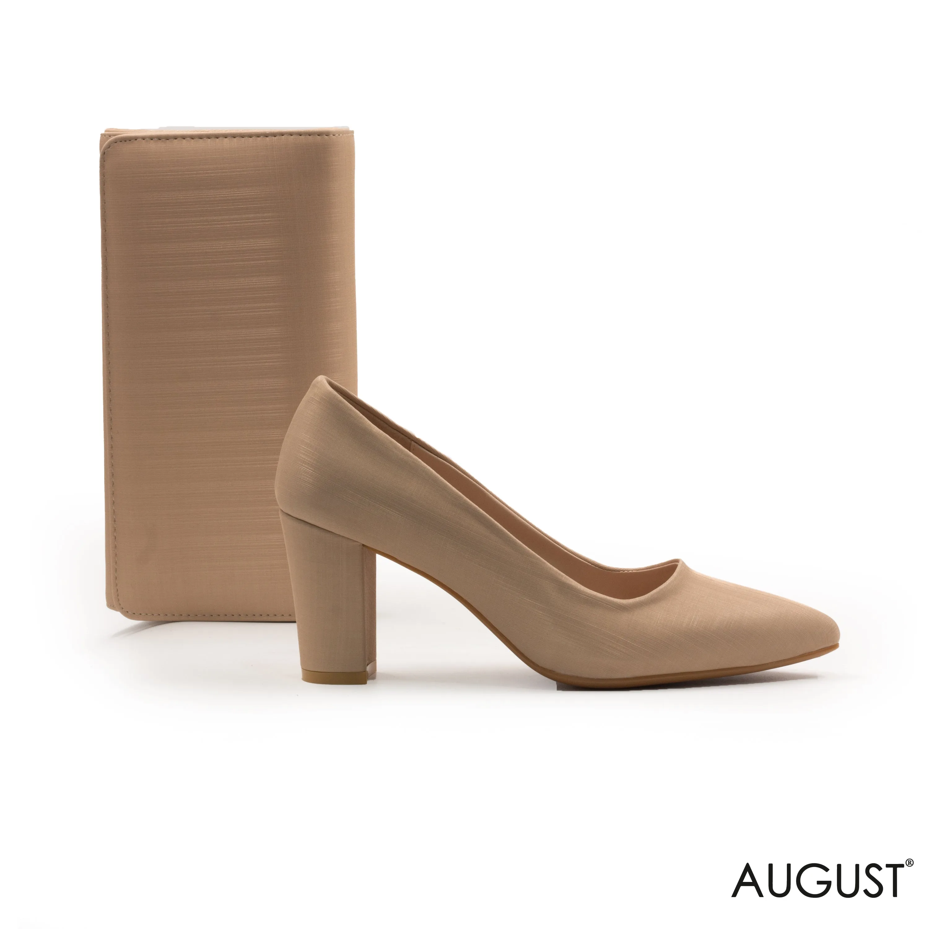 LEATHER POINTED -TOE BLOCK HEELED PUMP,BEIGE SMOOTH FABRIC WALLET WITH FLAP