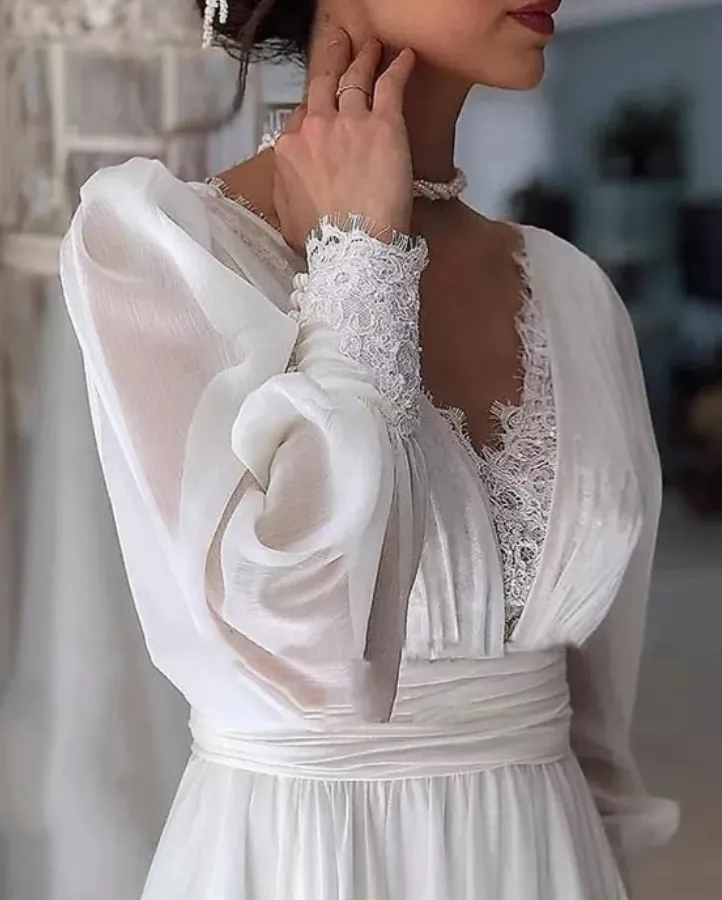 Long Sleeve Boho V-back Wedding Dress
