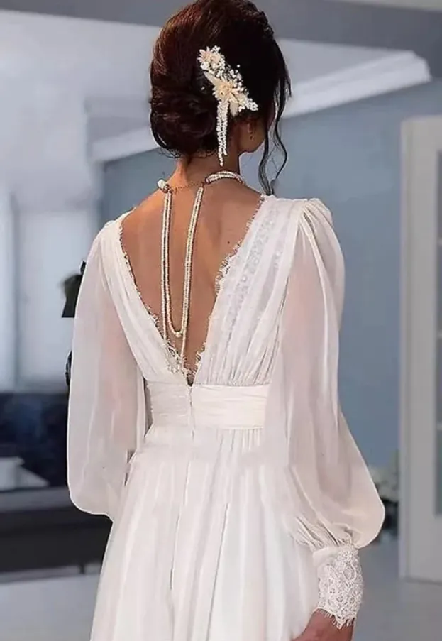 Long Sleeve Boho V-back Wedding Dress